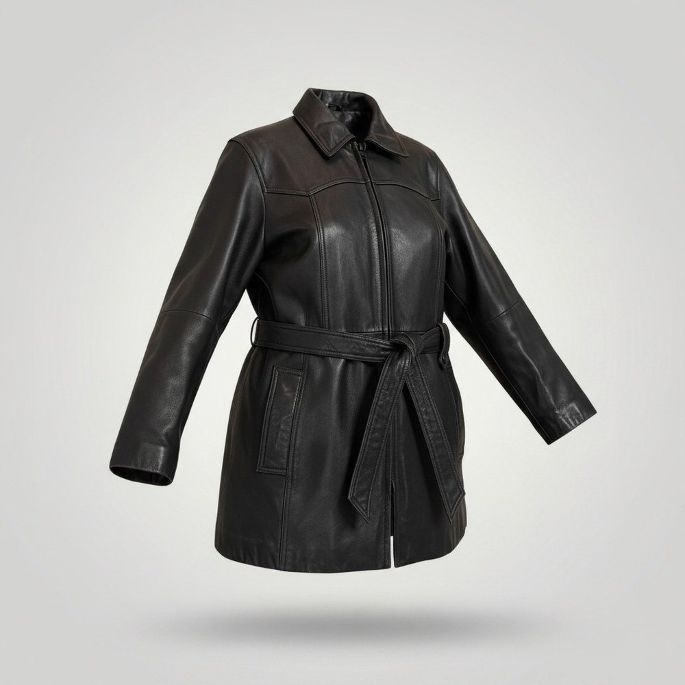 Danier Leather Jacket Vintage Women XS Black Belted Trench Coat Y2K Streetwear